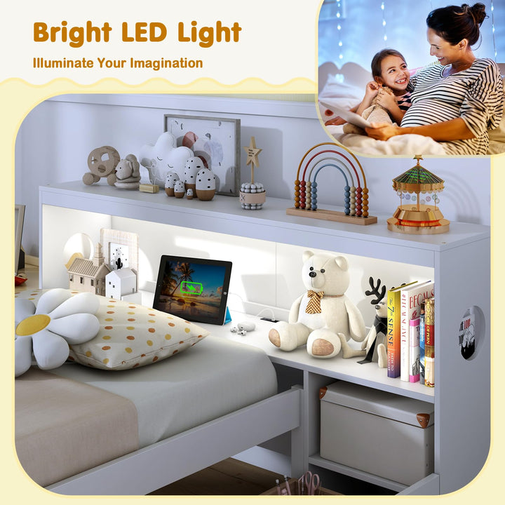 Giantex Wood Twin Bed Frame with Storage Drawer &amp; Headboard, Modern Platform Bed with Charging Station &amp; LED Light