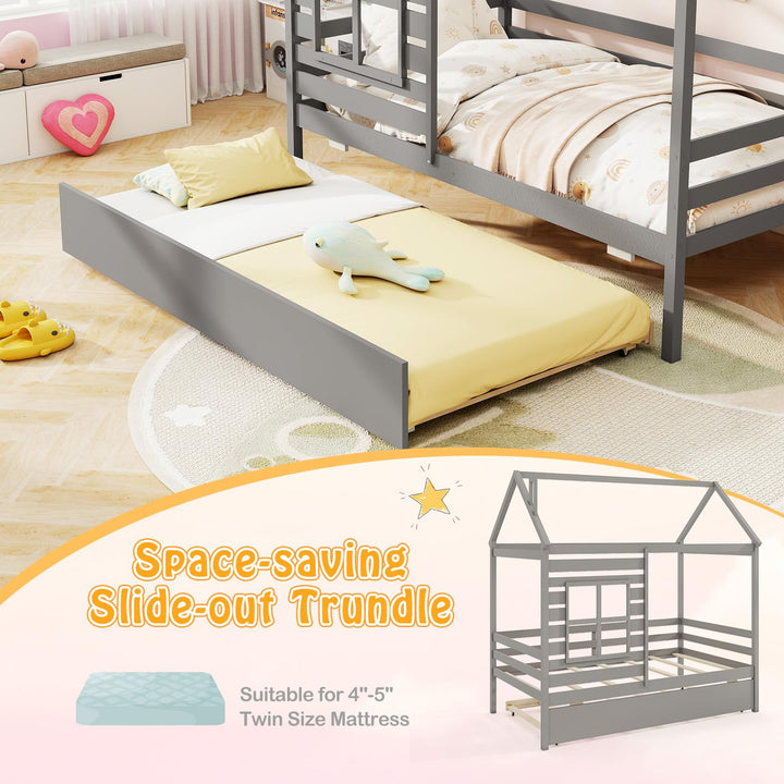 Giantex Twin House Bed with Trundle Bed Twin, Wooden Twin Bed Frames with Roof, Chimney &amp; Window