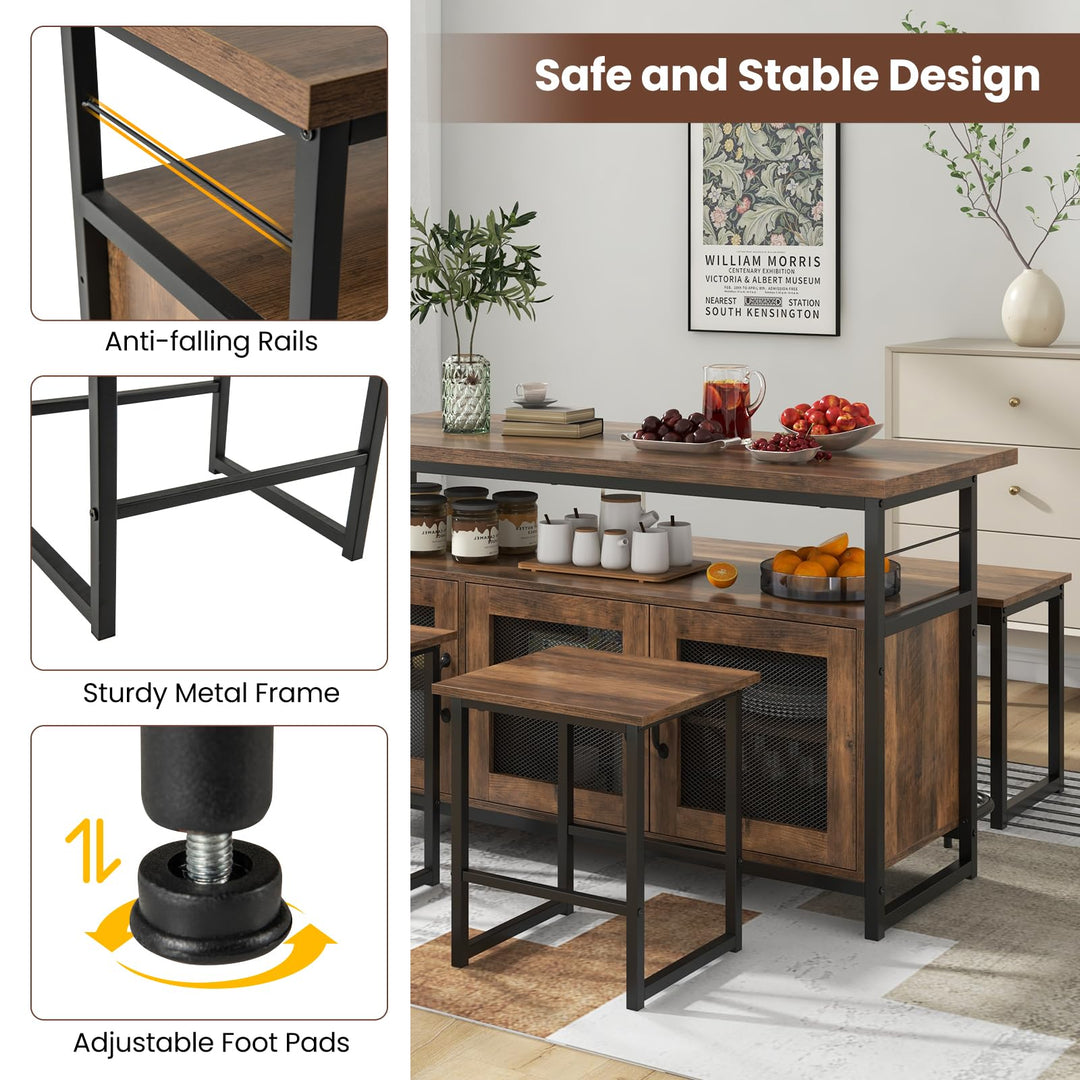 4 Piece Kitchen Island Set with Bench and Storage-Brown