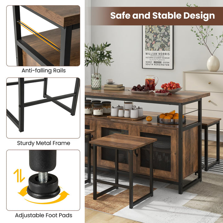 4 Piece Kitchen Island Set with Bench and Storage-Brown