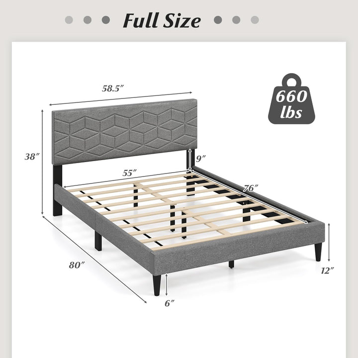 Giantex Queen/Full/Twin Size Upholstered Bed Frame Modern Platform Bed with Linen Fabric Geometric Headboard