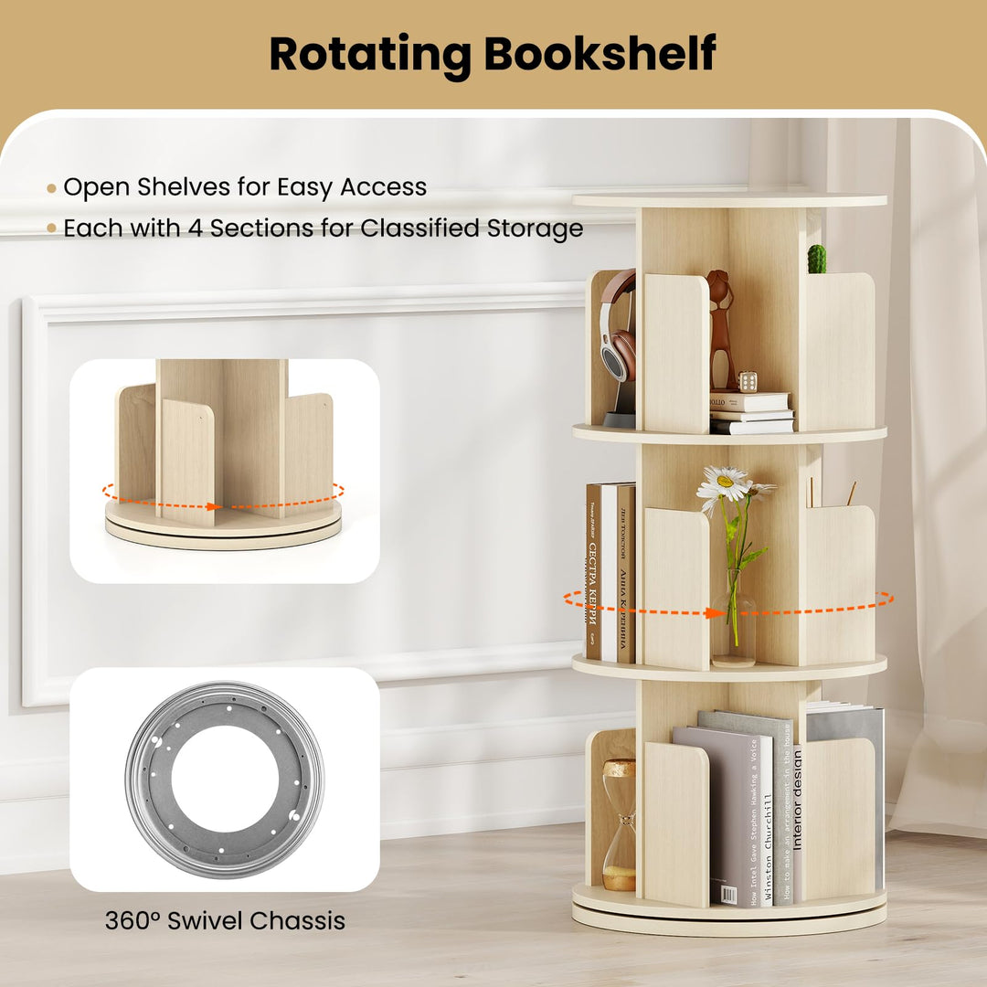 Giantex 3-Tier Rotating Bookshelf 360° Display Rack w/Dividers &amp; Anti-Falling Baffles