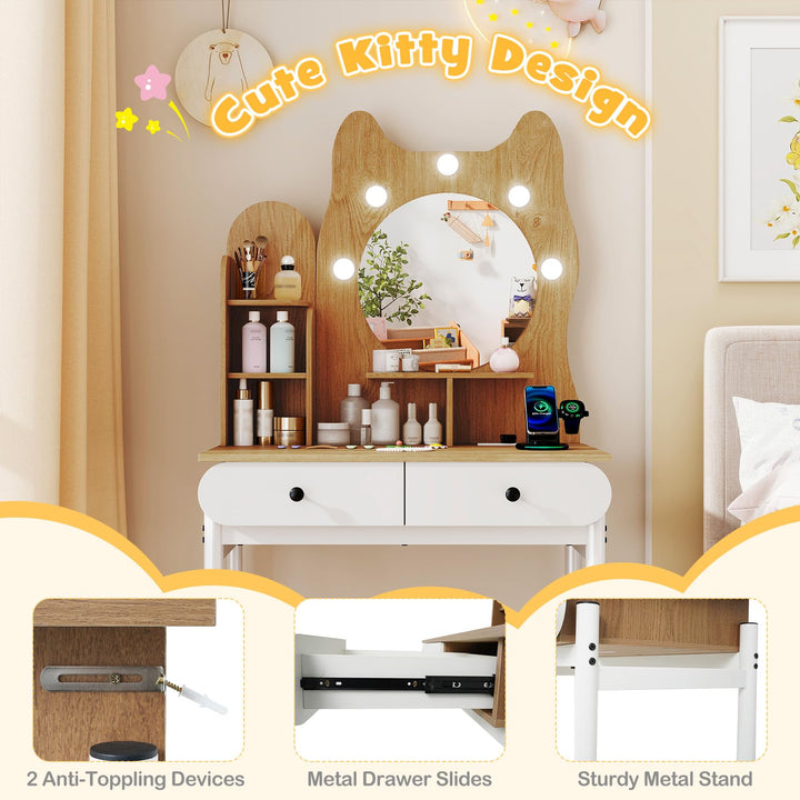 CHARMAID Small Vanity Desk with Mirror and Lights Cute Kitty Makeup Table with Power Outlets