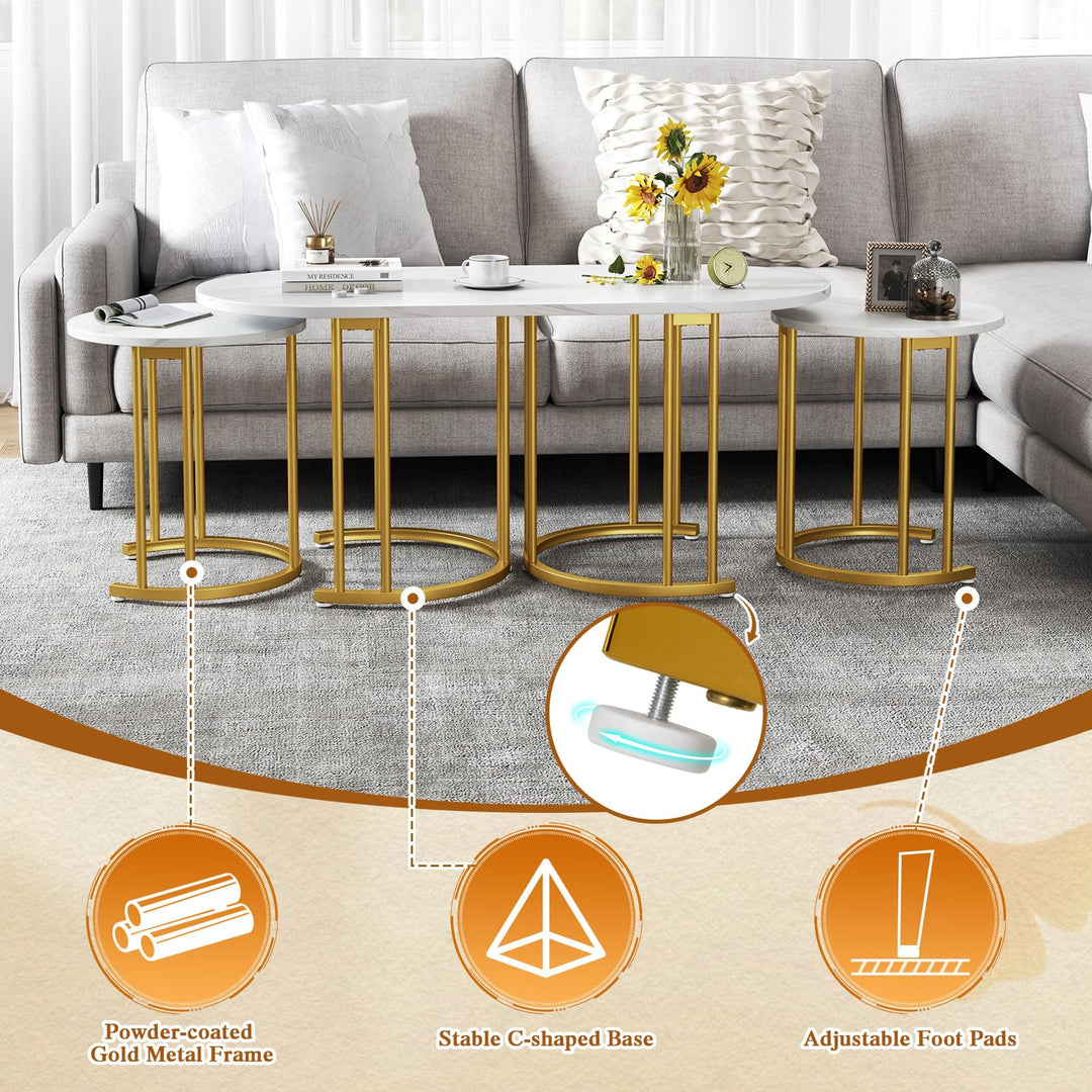 Giantex Nesting Coffee Table Set of 3, Stacking Side Tables with Faux Marble Tabletop &amp; Gold Metal Frame