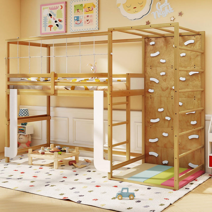 Giantex Twin Bunk Bed with Jungle Gym Wooden Loft Bed with Climbing Ladder