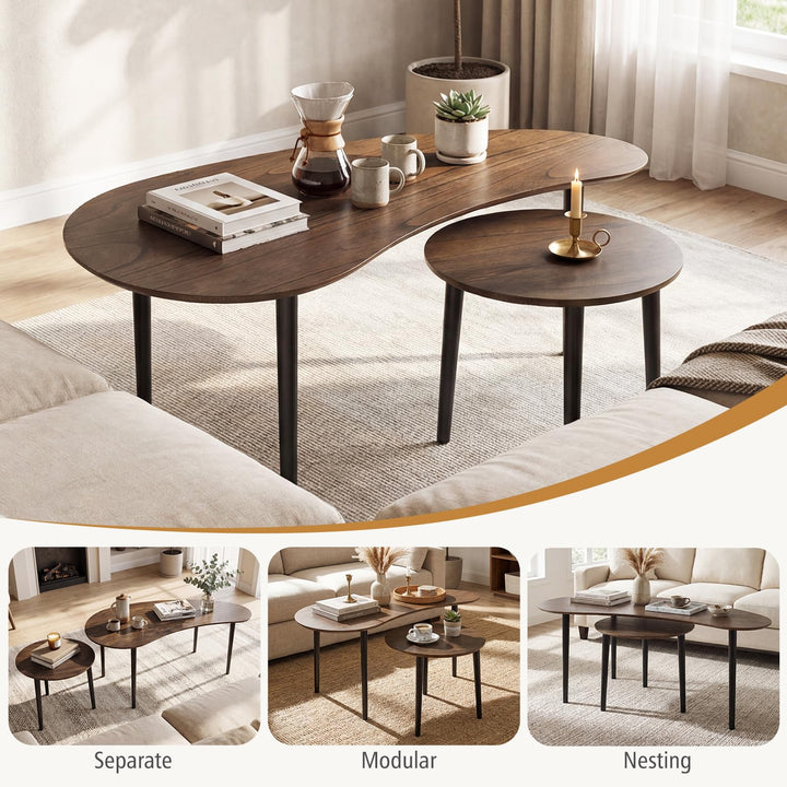 Giantex Nesting Tables Set of 2 | Mid Century Modern Coffee Tables with Solid Wood Support Legs