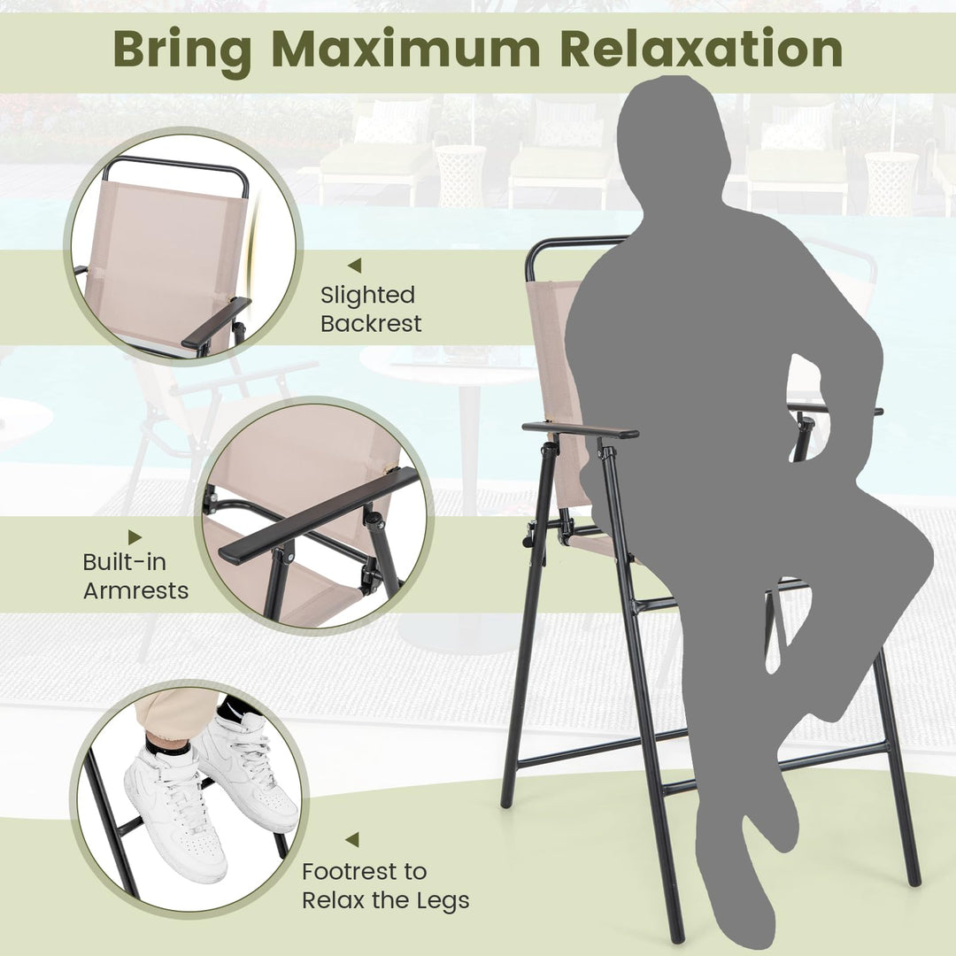 Giantex Outdoor Folding Bar Chair Set of 2, Bar-Height Patio Chairs with Backrest, Armrests, Footrest