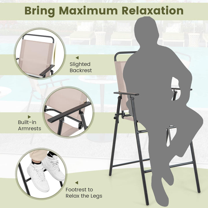 Giantex Outdoor Folding Bar Chair Set of 2, Bar-Height Patio Chairs with Backrest, Armrests, Footrest
