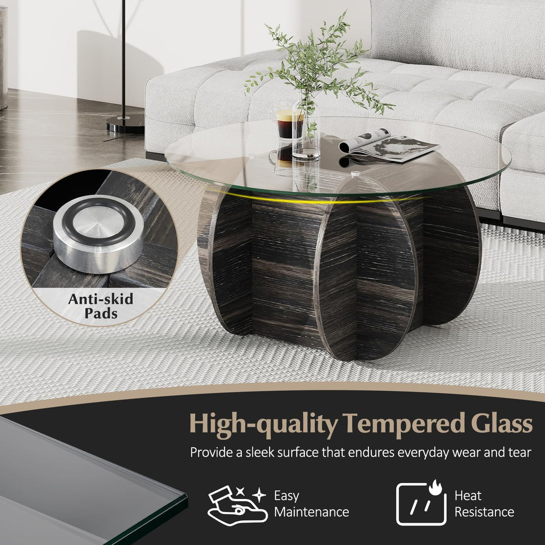 Giantex 35" Glass Round Coffee Table with Storage Tempered Glass Top &amp; Solid Wood Base