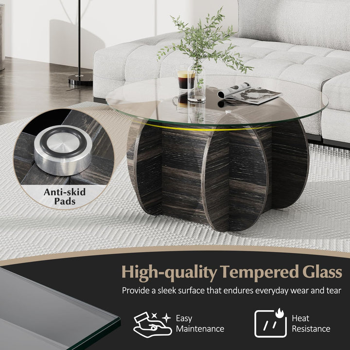Giantex 35" Glass Round Coffee Table with Storage Tempered Glass Top &amp; Solid Wood Base