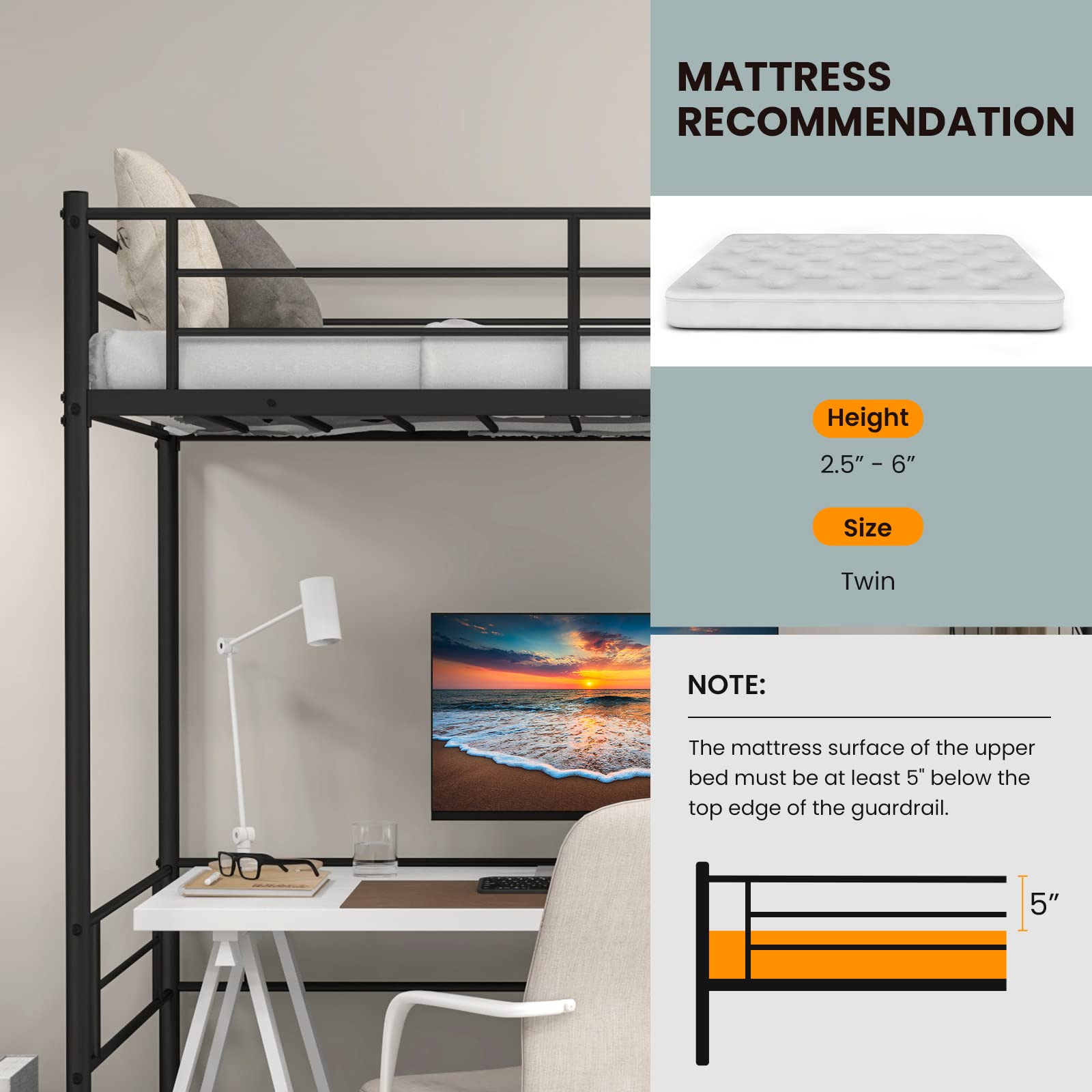 Metal Loft Bed Twin Size - Giantex