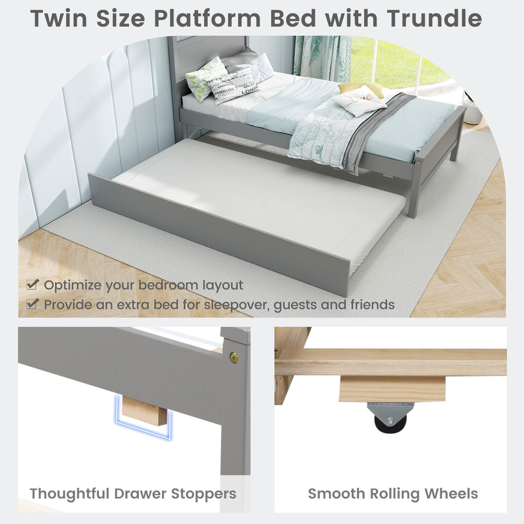 Giantex Trundle Bed Twin, Wood Day Bed Frame with Headboard &amp; Footboard