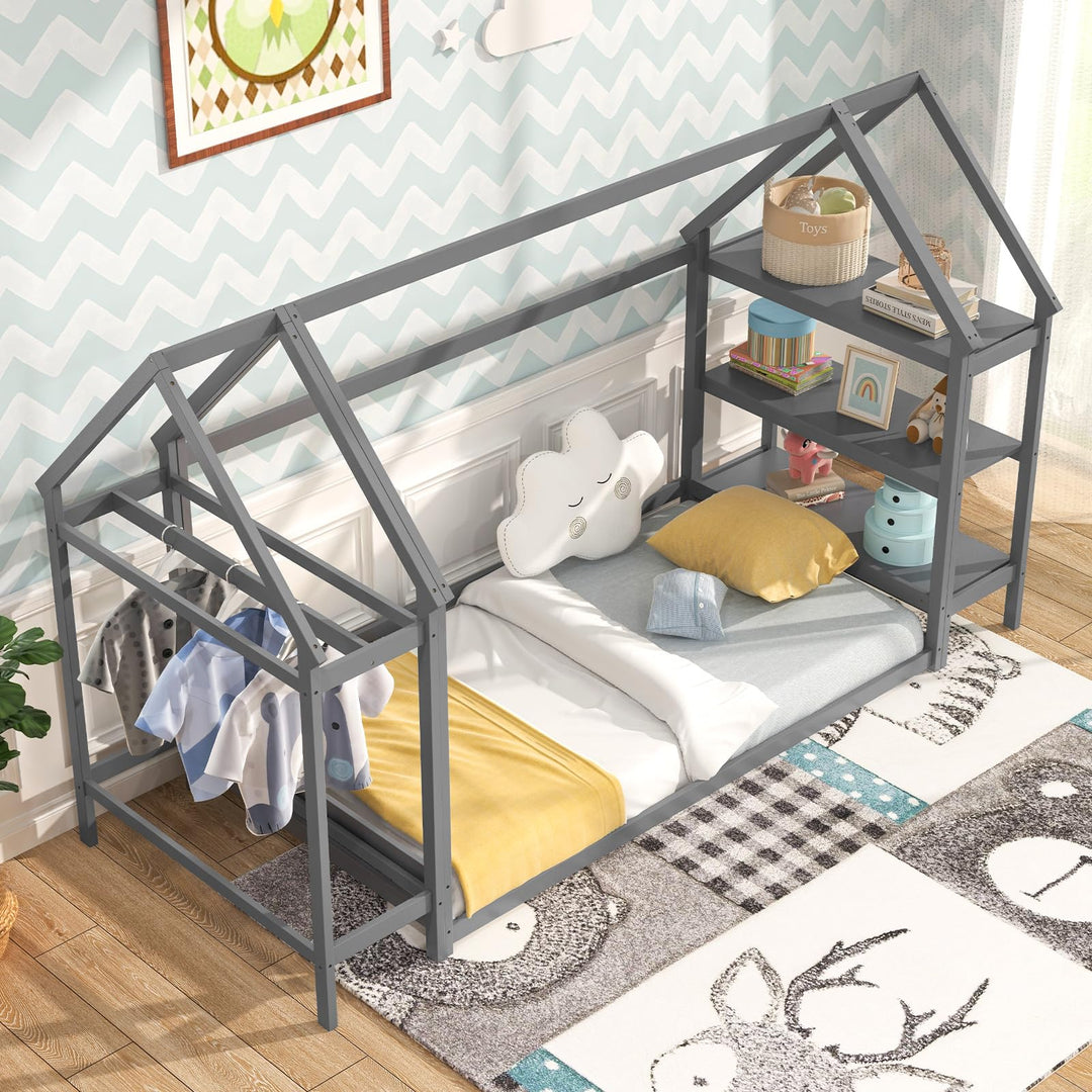 Giantex Twin Floor Bed, Wood Montessori Floor Bed with Detachable 3 Tier Storage Bookshelf &amp; Clothes Rack