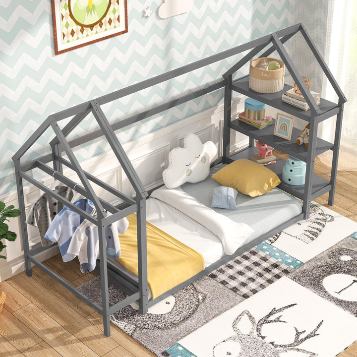 Giantex Twin Floor Bed, Wood Montessori Floor Bed with Detachable 3 Tier Storage Bookshelf &amp; Clothes Rack