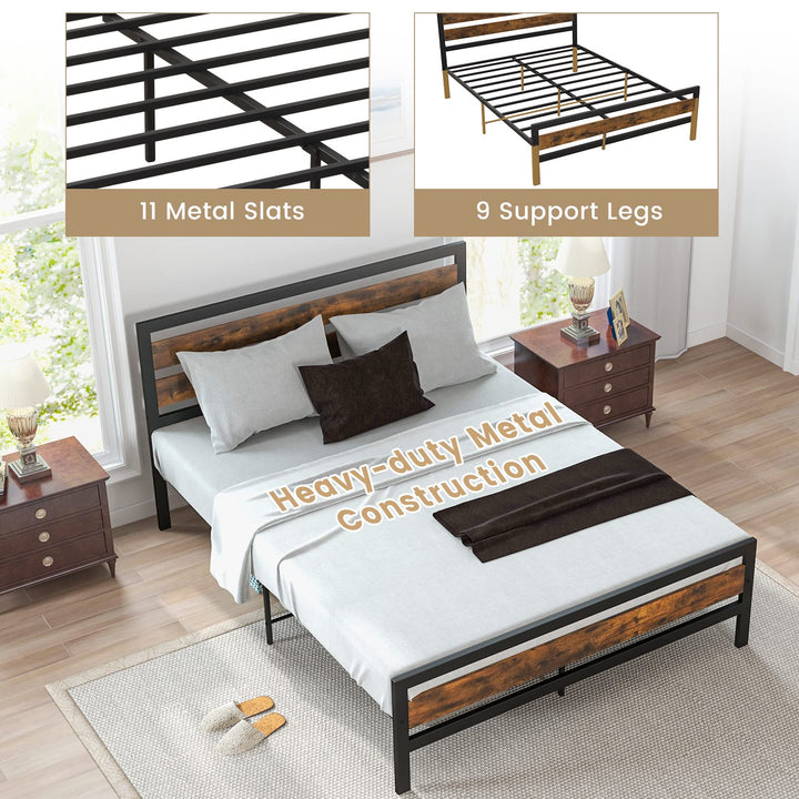 Giantex Queen Metal Platform Bed Frame with Wooden Headboard &amp; Footboard, Rustic Brown