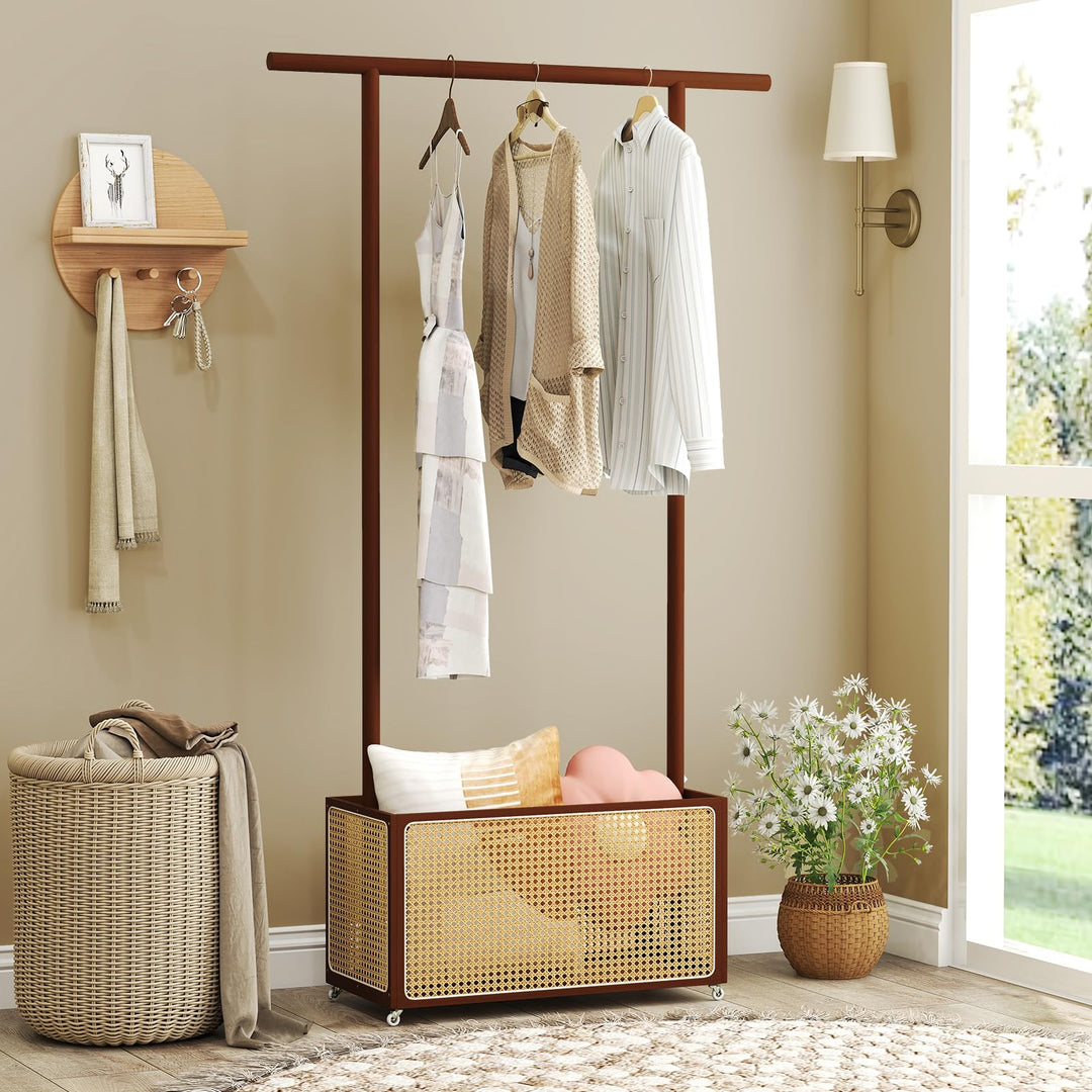 Giantex Bamboo Clothes Rack 2-In-1 Clothing Hanging Rail for Hallway Living Room Bedroom