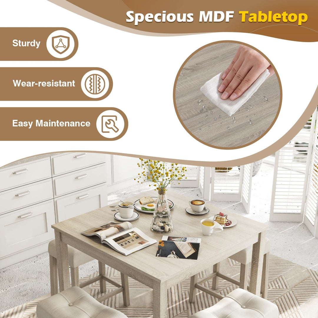 5 Pieces Bar Table Set with Square Table and 4 Padded Stools-Gray