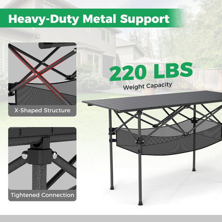 Giantex Folding Camping Table Portable Picnic Table w/Aluminum Roll-up Tabletop &amp; Mesh Basket