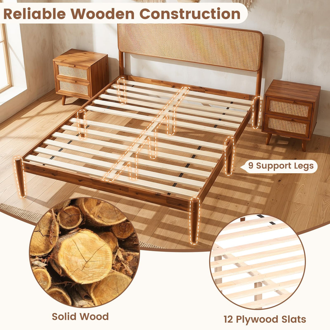 Giantex Wooden Bed Frame Full/Twin/Queen Size with Rattan Headboard