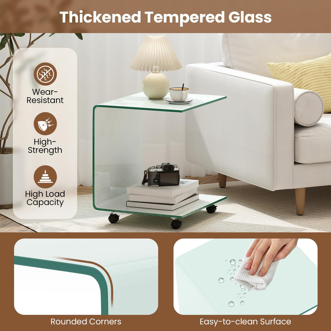 Giantex C-Shaped End Table with Wheels - Mobile Tempered Glass Sofa Couch Side Table w/2-Tier Storage Shelf
