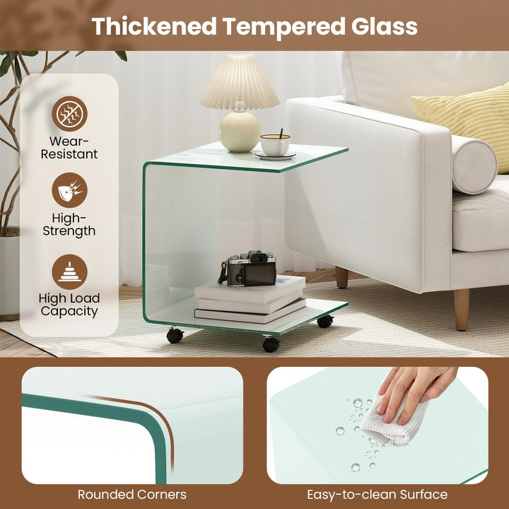 Giantex C-Shaped End Table with Wheels - Mobile Tempered Glass Sofa Couch Side Table w/2-Tier Storage Shelf