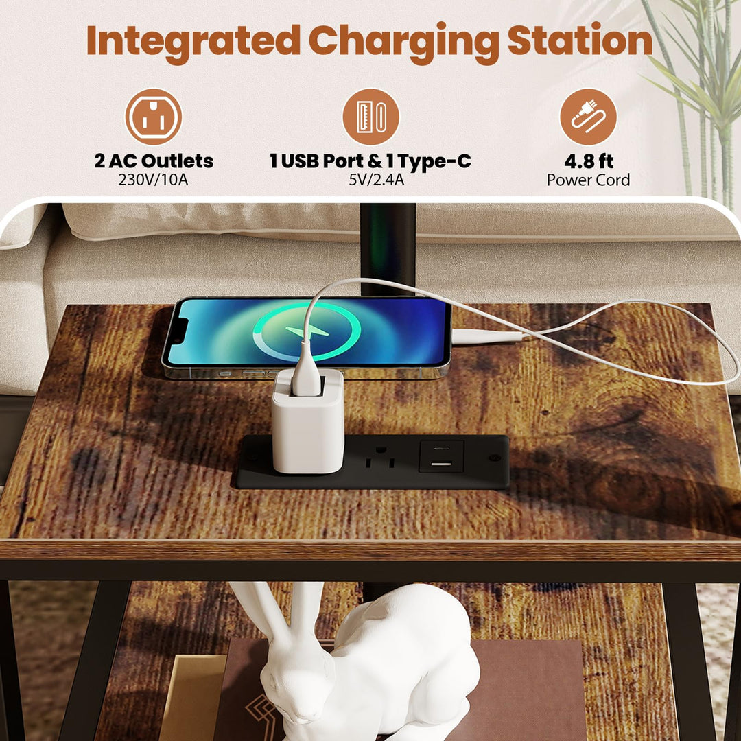 Giantex C Shaped End Table Set 2 w/Charging Station Tiltable Tabletop Wheel