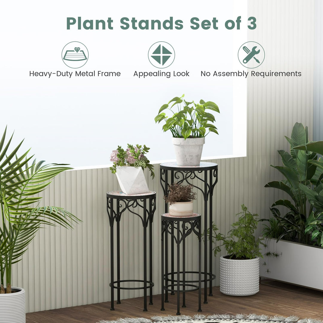 Giantex Metal Plant Stand Set of 3, 28" Mosaic Tall Flower Stand with Ceramic Top