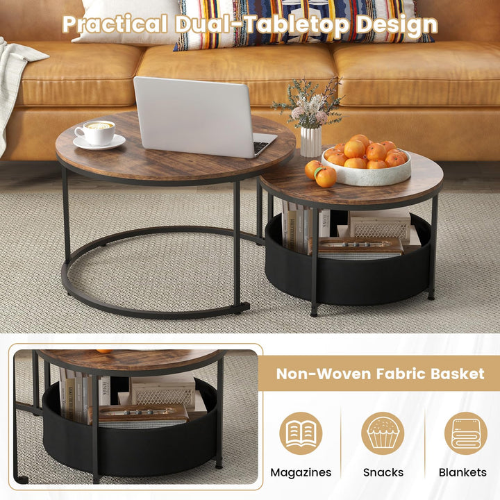 Giantex 31.5" Round Coffee Table with Removable Fabric Basket &amp; Metal Frame