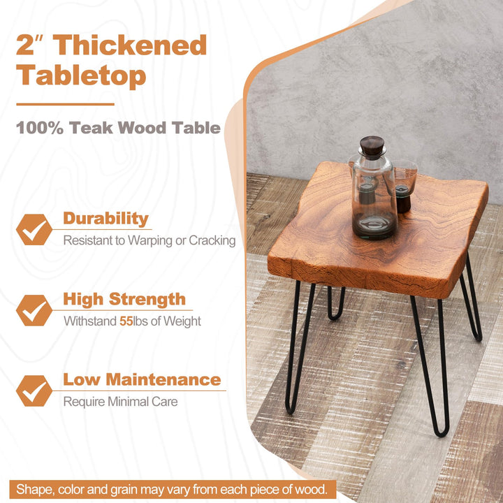 Giantex Teak Wood End Table, Solid Live Edge Outdoor Side Table w/Natural Grain &amp; Heavy-Duty Metal Legs