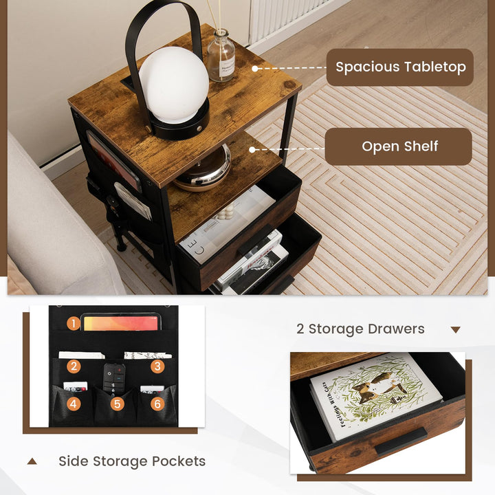 Giantex Nightstand with Charging Station, Industrial Bedside Table with 2 Fabric Drawers &amp; 6 Storage Pockets