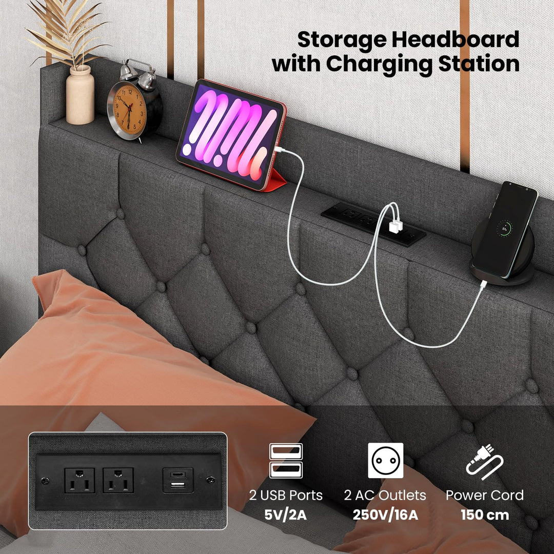 Giantex Queen/Full Size Floating Bed Frame with LED Lights, Modern Platform Bed with Adjustable Upholstered Headboard &amp; Charging Station