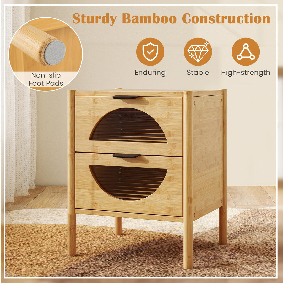 Giantex Bamboo Nightstand, Mid-Century Modern Bedside Table with 2 Storage Drawers &amp; Tempered Glass