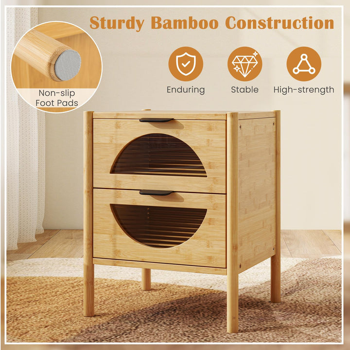 Giantex Bamboo Nightstand, Mid-Century Modern Bedside Table with 2 Storage Drawers &amp; Tempered Glass