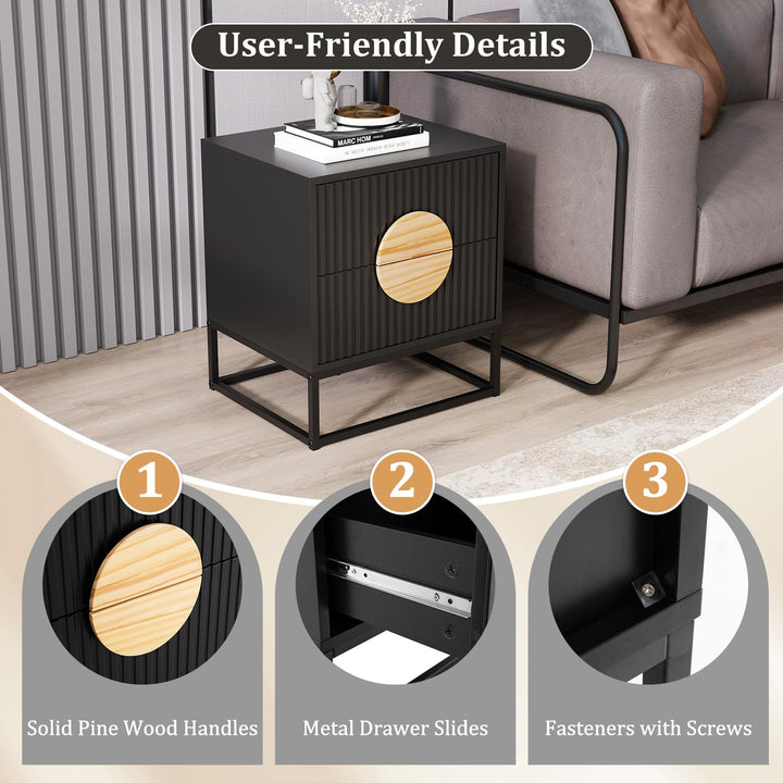 Giantex Fluted Nightstand with 2 Drawers with Natural Circle Handle &amp; Metal Frame