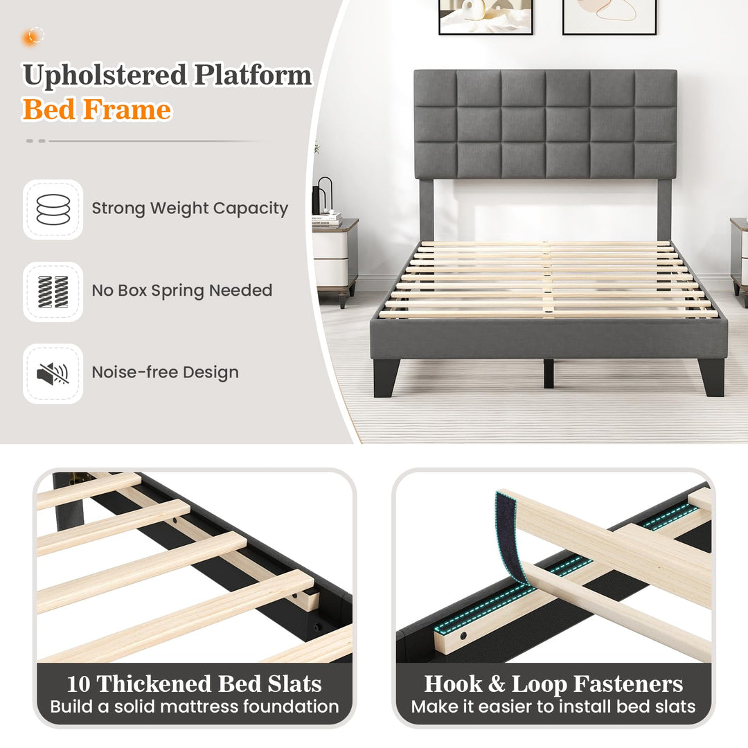 Giantex Full Size Platform Bed, Linen Fabric Upholstered Bed Frame with Adjustable Headboard &amp; Wooden Slat Support