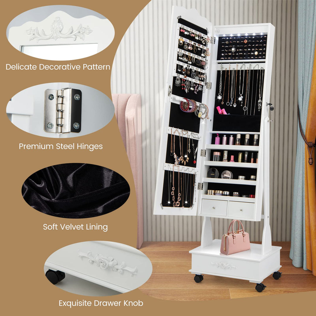 CHARMAID 6 LEDs Rolling Jewelry Cabinet with High Full Length Mirror, Lockable Standing Jewelry Armoire with Wheels