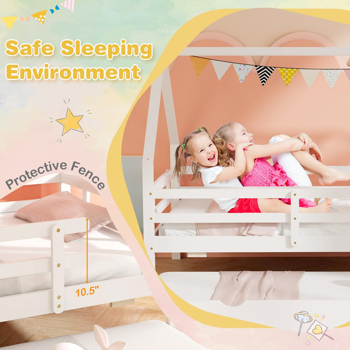 Giantex Twin House Bed with Trundle, Wood Kids Bed Frame with Roof &amp; Fence Rails