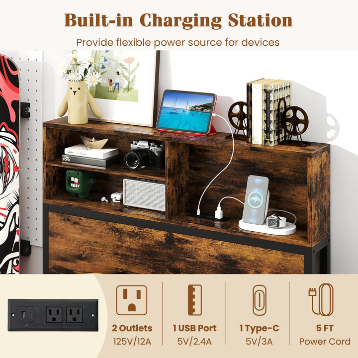 Giantex King/Queen/Twin Size Bed Frame with Storage Headboard and Charging Station, Industrial Metal Platform Bed