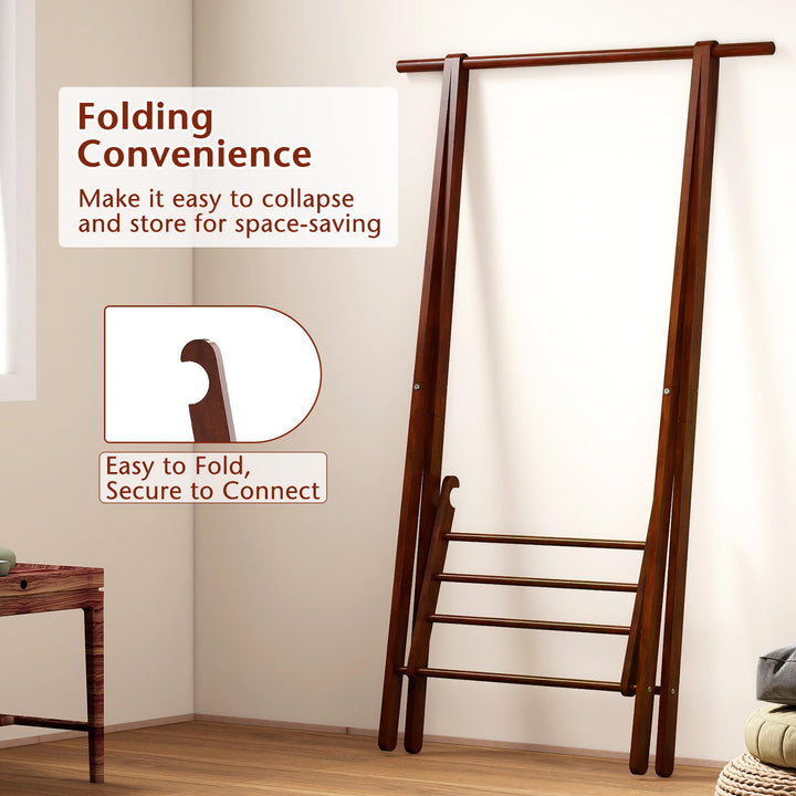 Giantex Folding Rubber Wood Clothes Hanging Rack Standing Garment Rack with Bottom Storage Shelf