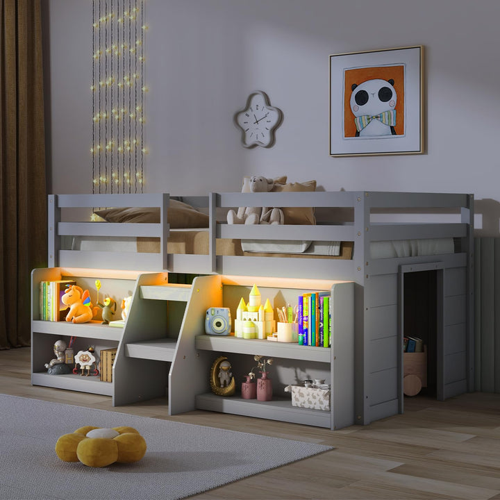 Giantex Low Loft Bed with LED Lights, Wooden Twin Loft Bed with Stairs &amp; Safety Guardrail