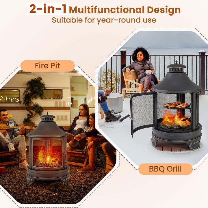 Giantex 2 in 1 Outdoor Fire Pit with Grill, 30 Inch Metal Chiminea, Wood Burning Fireplace with Chimney