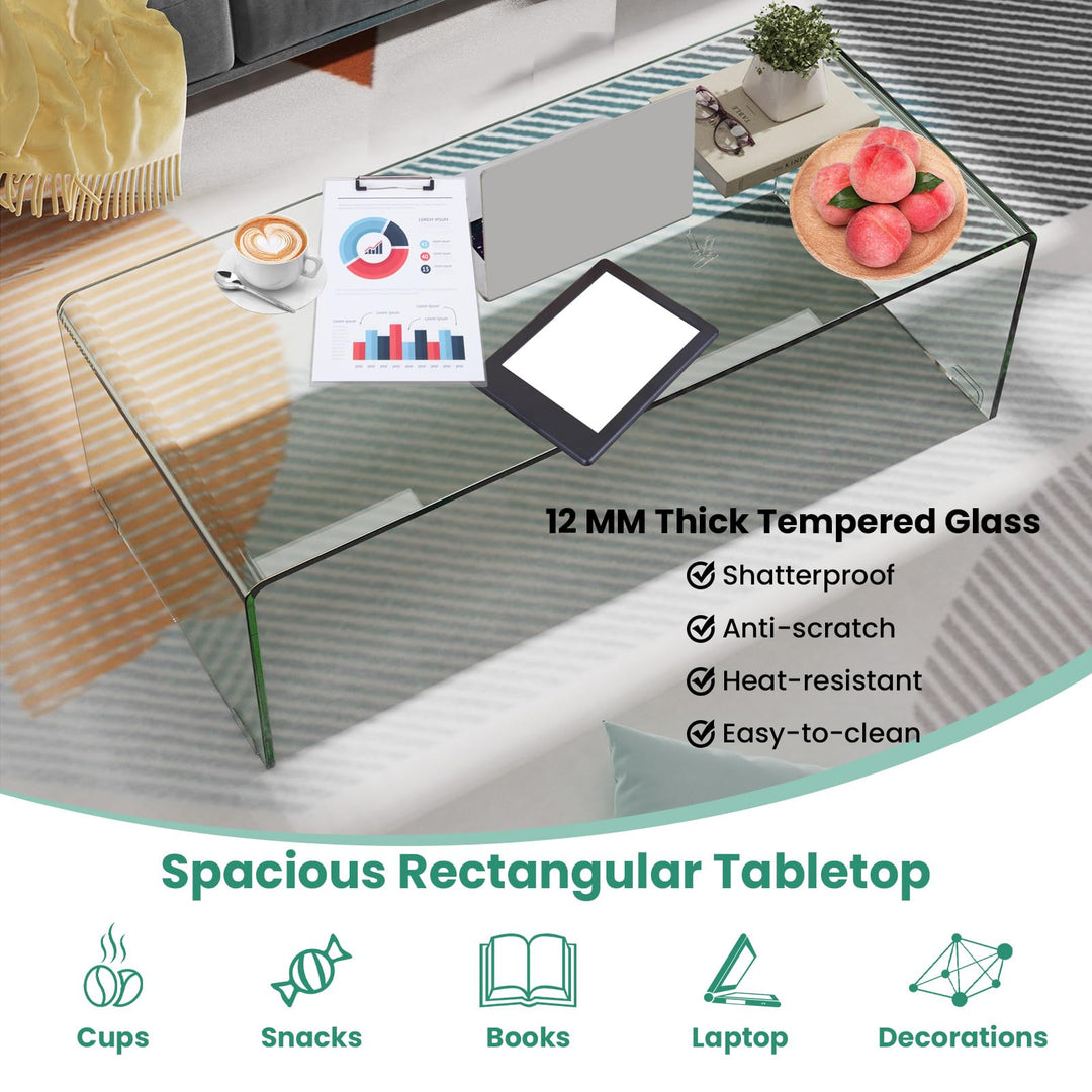 Giantex 42 x 19.7 Inch Clear Tempered Glass Coffee Table with Rounded Edges