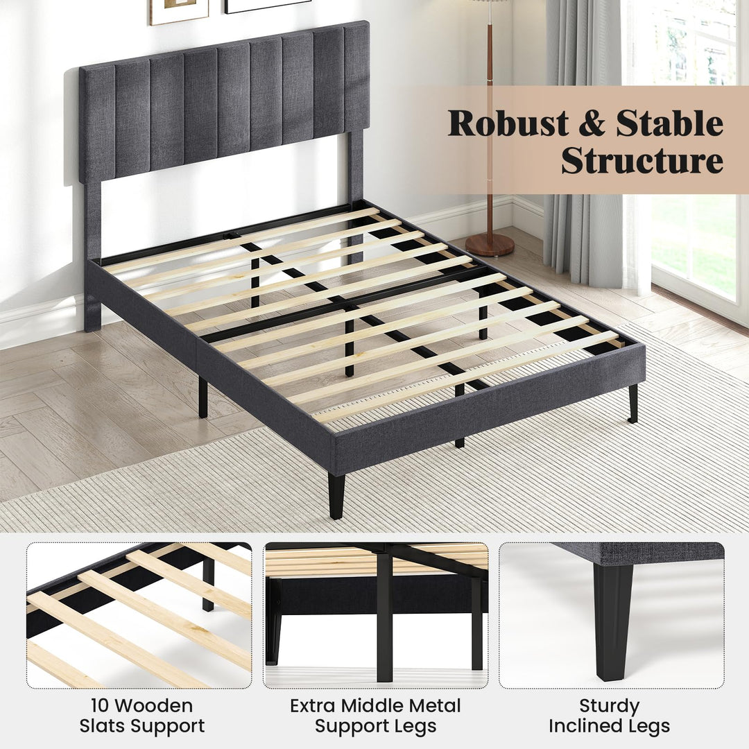 Giantex Queen/Full/Twin Size Upholstered Bed Frame Platform Bed with Height Adjustable Vertical Channel Headboard