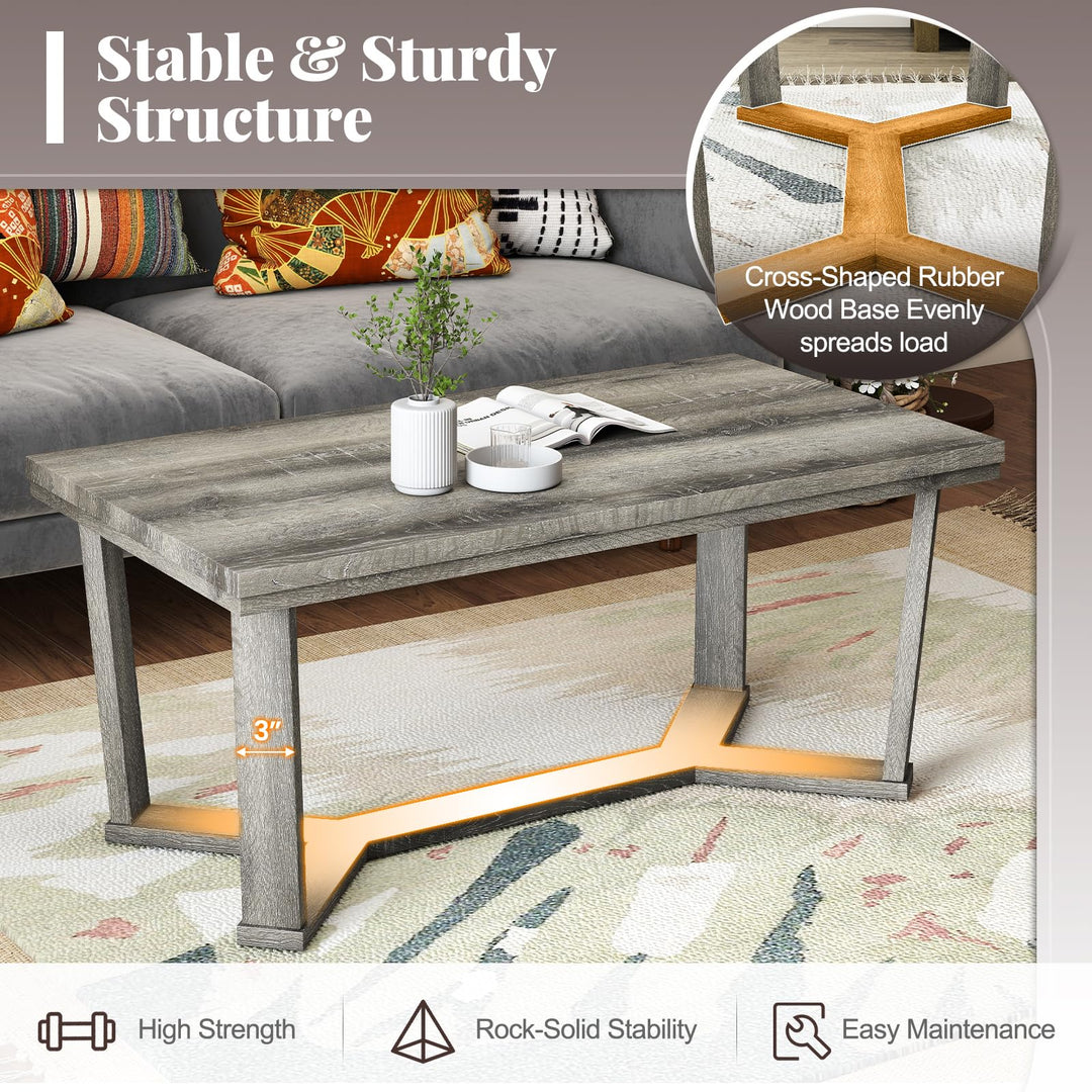 Giantex Farmhouse Wood Coffee Table with Cross-Shaped Base &amp; Rubber Wood Frame