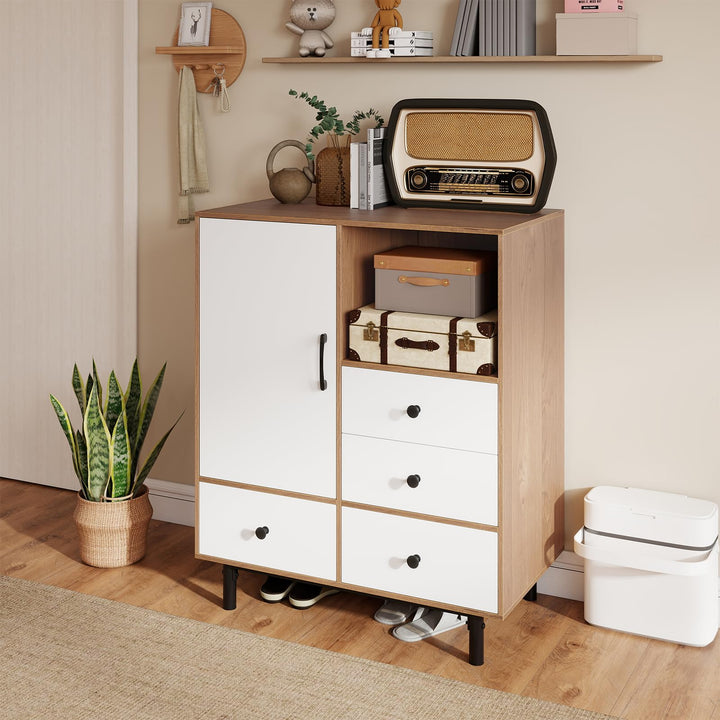 Giantex Storage Cabinet with 4 Drawers Door &amp; Open Compartment, Metal Support Legs