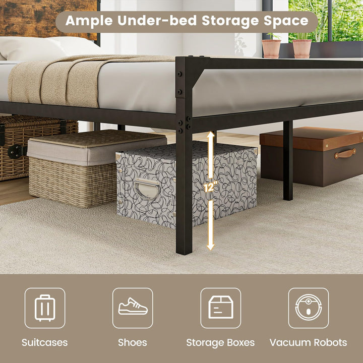 Giantex Full Size Bed Frame with Rustic Headboard &amp; Footboard, Strong Metal Slat Support Mattress Foundation