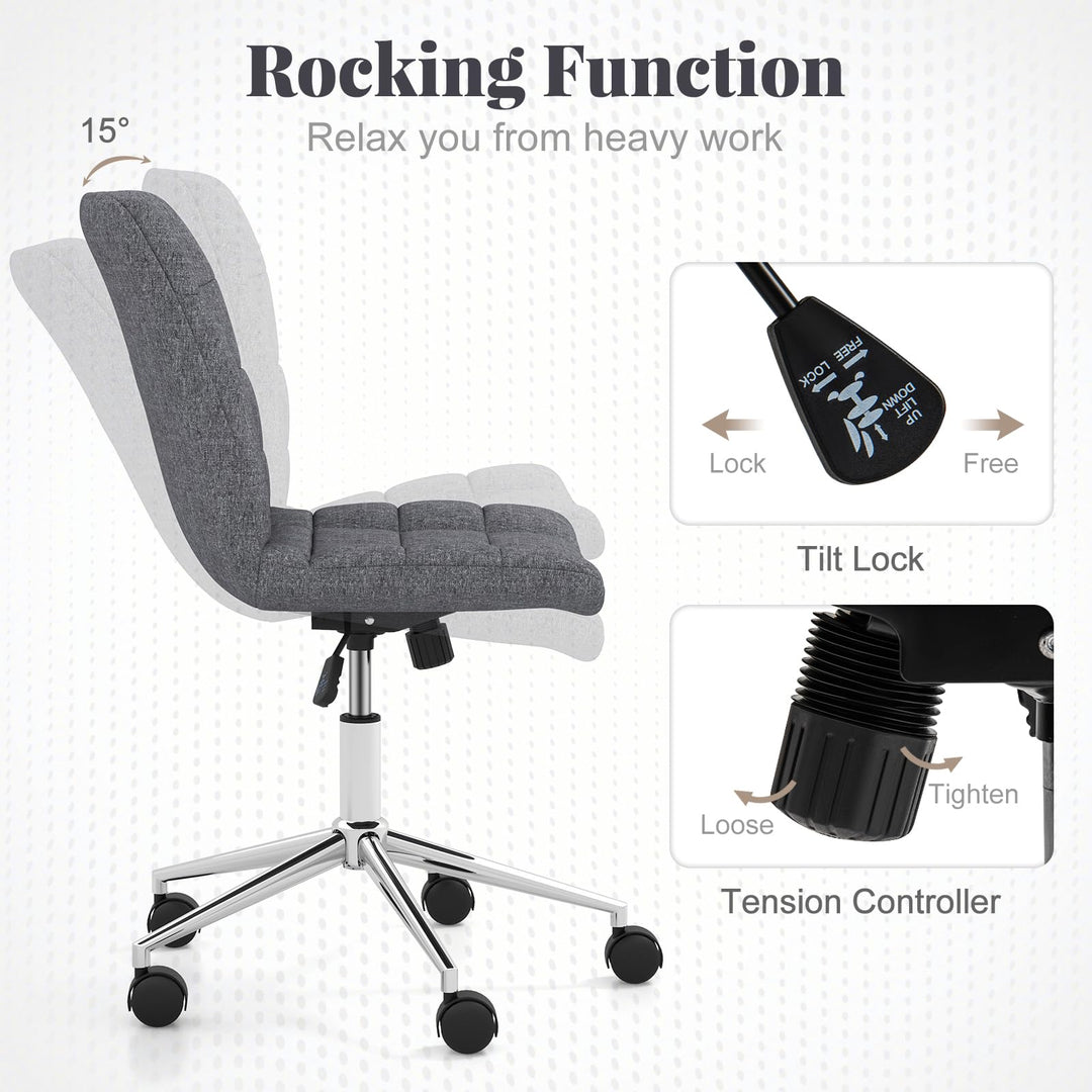 Giantex Armless Office Chair, Linen Fabric Vanity Chair with Wheels &amp; Adjustable Height, 360° Rolling Swivel Task Computer Chair