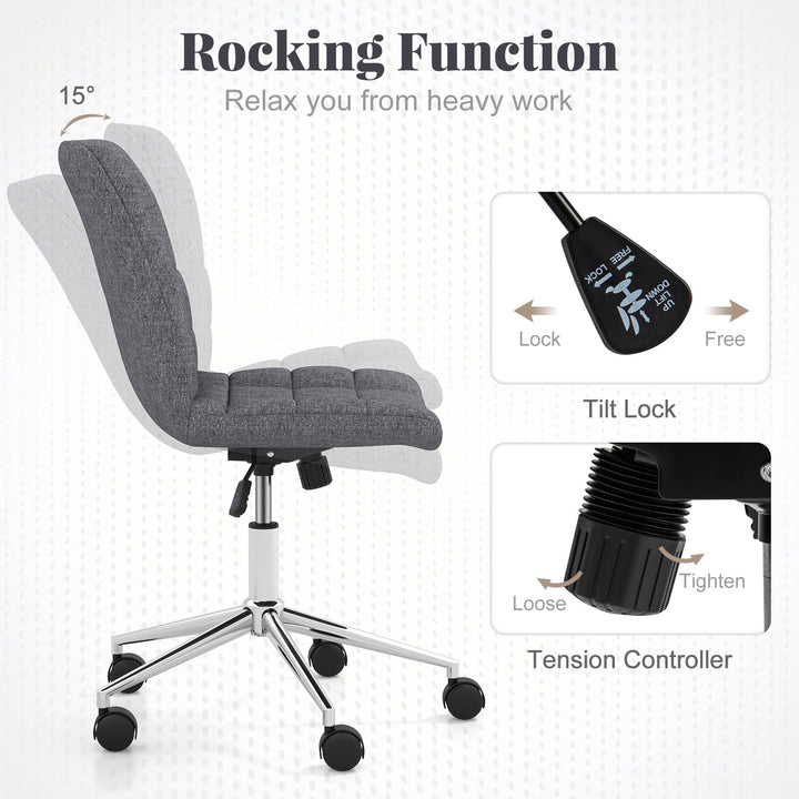 Giantex Armless Office Chair, Linen Fabric Vanity Chair with Wheels &amp; Adjustable Height, 360° Rolling Swivel Task Computer Chair