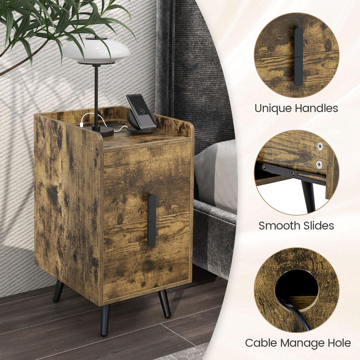 Giantex Nightstand with Charging Station, Narrow End Table with 2 Drawers &amp; Metal Gold Legs