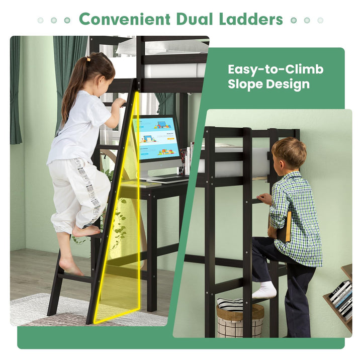 Giantex Twin Size Loft Bed with Desk, Solid Wood Loft Bed with 2 Ladders &amp; Full Length Guardrail